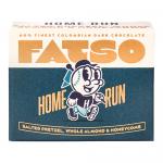 A compact mini chocolate bar sits wrapped in glossy paper that bears the bold FATSO logo. The wrapper mixes deep brown with bright red accents and playful typography. A peeled corner reveals smooth, segmented milk chocolate with a soft sheen and rounded, bite-sized squares. Subtle shine on textures.
