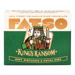 Glossy foil-wrapped mini chocolate bar sits upright on a plain background. Bright, retro-inspired wrapper features oversized bold lettering, playful cartoon graphics and contrasting color blocks. The compact bar shows textured ridges and a slightly glossy, inviting sheen with a tiny barcode on back