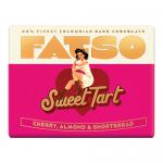 Image shows a compact Fatso Sweet Tart mini chocolate bar in a bright wrapper. Neon pink and yellow graphics wrap a small rectangular bar, with bold white FATSO lettering and playful candy motifs. A bitten corner reveals dark chocolate and a swirled sweet filling. Soft lighting casts a faint shadow.
