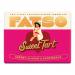 Image shows a compact Fatso Sweet Tart mini chocolate bar in a bright wrapper. Neon pink and yellow graphics wrap a small rectangular bar, with bold white FATSO lettering and playful candy motifs. A bitten corner reveals dark chocolate and a swirled sweet filling. Soft lighting casts a faint shadow.