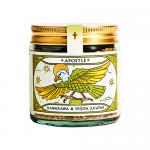 A small 50g glass jar of Apostle Kawakawa & Feijoa Za'atar sits against a neutral backdrop. The label displays botanical illustrations of kawakawa leaves and feijoa slices in green and cream tones. Coarse green-brown za'atar spice is visible through the clear glass, with a simple metal lid. Low-lit.