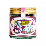 A photo shows twelve 80g Apostle Red Wine & Plum Herb Salt containers arranged in a neat grid. Each jar features a deep red and plum-toned label with the Apostle logo, herb illustrations and clear jar walls that reveal coarse seasoned salt inside. Backlit label sheen and faint shadowing add depth...