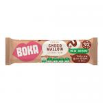 Photo shows a rectangular cereal bar in glossy, colorful Boka packaging beside an unwrapped bar. The bar reveals chewy cereal clusters, marshmallow swirls and a chocolate coating, with visible oats and puffed grains on a light surface.