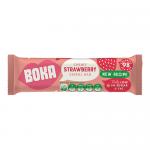 Photo shows a bright rectangular box of Boka Chewy Strawberry Cereal Bars. The front panel features a vivid pink-red background, a large Boka logo, a glossy image of a sliced strawberry and a golden cereal bar with visible oats. Multiple individual wrapped bars peek from the open top. Wrinkled foil.