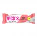 A photo shows a rectangular peanut-butter protein bar partly unwrapped beside its wrapper. The chocolate-coated bar reveals chopped peanuts and a creamy interior. The bright yellow-and-brown wrapper displays the N!Cks logo, peanut imagery and product text.