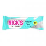 The glossy wrapper displays a bold N!Cks logo on a deep brown background. A photographic cross-section shows chocolate-coated wafer layers with creamy filling. White and gold text and accents note the product name and 40g; the rectangular bar rests on a plain backdrop.