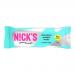 The glossy wrapper displays a bold N!Cks logo on a deep brown background. A photographic cross-section shows chocolate-coated wafer layers with creamy filling. White and gold text and accents note the product name and 40g; the rectangular bar rests on a plain backdrop.