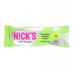 A glossy rectangular wrapper displays the N!Cks logo and the word “Protein” prominently. Warm brown and cream tones evoke hazelnut; a photo of layered wafer sticks and scattered hazelnuts sits beside bold nutrition badges. Clean typography and a simple layout complete the design. Soft shadows deepen