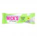 A glossy rectangular wrapper displays the N!Cks logo and the word “Protein” prominently. Warm brown and cream tones evoke hazelnut; a photo of layered wafer sticks and scattered hazelnuts sits beside bold nutrition badges. Clean typography and a simple layout complete the design. Soft shadows deepen