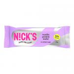 Bright rectangular pack shows N!Cks logo in large letters; front art presents a split vanilla protein wafer with visible cream layers and crispy golden wafers. Packaging uses pale cream and teal accents, with nutrition callouts and a neat, minimal background casting soft shadows. Subtle sheen across