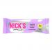 Bright rectangular pack shows N!Cks logo in large letters; front art presents a split vanilla protein wafer with visible cream layers and crispy golden wafers. Packaging uses pale cream and teal accents, with nutrition callouts and a neat, minimal background casting soft shadows. Subtle sheen across