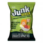 A matte packet of Junk Organic Vegetable Crisps sits on a plain background. The design shows bright illustrations of beet, carrot and sweet potato, loose round ridged crisps, an organic seal and the bold Junk brand name.