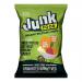 A matte packet of Junk Organic Vegetable Crisps sits on a plain background. The design shows bright illustrations of beet, carrot and sweet potato, loose round ridged crisps, an organic seal and the bold Junk brand name.