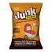 A bright orange bag shows the Junk logo and product name. A clear window reveals thin, curled deep-orange sweet potato crisps. A few crisps lie beside the bag; their surfaces are dusted with fine salt crystals, and simple text indicates the flavor.
