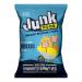 A glossy 100g bag of Junk Organic Potato Crisps Lightly Salted sits upright, displaying a bold logo and simple typography. A photograph of golden, kettle-textured crisps and a halved potato spills across the front, accented by scattered salt crystals on a pale background. Soft shadows fall near bag.