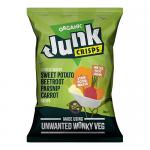 Bright, matte packet shows a clean, rustic label reading Junk Organic Vegetable Crisps. A clear window reveals thin, irregular chips in orange, deep red, pale cream and yellow hues. Scattered salt crystals glint on their ridged, crisp surfaces against a simple white background. Subtle earthy contrast.