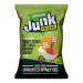 Bright, matte packet shows a clean, rustic label reading Junk Organic Vegetable Crisps. A clear window reveals thin, irregular chips in orange, deep red, pale cream and yellow hues. Scattered salt crystals glint on their ridged, crisp surfaces against a simple white background. Subtle earthy contrast.