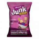 A bright magenta packet sits against a white background, its label showing 'Beetroot Crisps' and organic markings. Thin, irregularly curled deep-red crisps spill from the open top, flecked with pale salt crystals. Clean typography and simple graphics frame the snack. Matte finish, tiny clear window.
