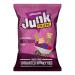A bright magenta packet sits against a white background, its label showing 'Beetroot Crisps' and organic markings. Thin, irregularly curled deep-red crisps spill from the open top, flecked with pale salt crystals. Clean typography and simple graphics frame the snack. Matte finish, tiny clear window.