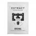 A matte black 250g pouch of Extract Coffee Roasters Original espresso beans stands upright on a clean surface. Minimalist white logo and bold typography sit above a small roast-level icon. A subtle coffee plant illustration wraps the lower panel near a resealable zip. A soft sheen shows on the bag now.