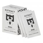 Photo shows a neat array of twelve 104 g Extract Coffee Roasters bags. Each matte pouch features a minimalist label with the roaster’s bold circular logo, muted brown and cream color blocks, clear product name typography and weight text. Bags sit upright in a tidy studio arrangement. Soft warm glow.