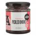 A clear glass jar displays pale pink, thinly sliced pickled onions submerged in brine. A white screw lid tops the jar, and a colorful label wraps around with the J & A Food logo, Vietnamese text and bright graphic accents. Six identical jars sit arranged together. Soft reflections gleam on the glass
