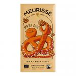A photo shows a cluster of Meurisse milk chocolate tablets in their wrappers, arranged in a pack of ten. One tablet is unwrapped and broken to reveal smooth milk chocolate studded with crunchy pretzel pieces; the packaging displays the Meurisse logo.