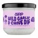 A photo shows six round tubs of Dipp Wild Garlic & Chive Dip with bright green labels featuring illustrations of wild garlic and chives. Clear lids reveal a pale green dip. Tubs sit neatly arranged on a plain white background with soft, even lighting. Soft shadows lie beneath each tub, adding depth.