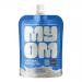 Eight slim 130 g Myom Original oat milk pouches sit grouped in a tidy pack. Each white and beige pouch shows the Myom logo, 'Original Oat Milk' wording and simple oat illustrations, a small screw cap at the top, and product details along the side.