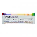 A rectangular cardboard box displays the Indi Supplements logo and Gut Bars labeling, containing twelve individually wrapped 35g bars. Each wrapper echoes the box design; bars are arranged in neat rows. Clean, modern typography and simple ingredient imagery appear on the packaging with subtle accents.