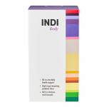 A matte white tub with a wide screw lid sits centered against a soft neutral backdrop. The label shows bold sans-serif Indi Supplements branding in deep teal, minimalist icons, nutritional stripes and a lifestyle photo strip of an active silhouette. Natural tones and clean composition feel modern....