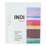 A compact white jar with a teal-green label sits on a neutral surface. Bold sans-serif branding reads Indi Supplements and Mind Trial across the front. Minimal icons and thin geometric lines decorate the label. Soft studio lighting casts gentle shadows and highlights glossy accents. Soft matte sheen.