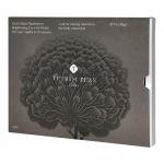 A matte cardboard box stands upright in warm apple-red and cinnamon-brown tones. An illustrated lion’s mane mushroom sits beside sliced Welsh heritage apple; delicate steam motifs and serif type add rustic, botanical charm on a soft cream background.