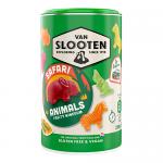 A colorful rectangular package features playful cartoon safari animals — lion, elephant, giraffe and zebra — amid tropical leaves. A transparent window reveals animal-shaped gummy candies in bright reds, yellows and greens, with cheerful lettering and bold graphics.