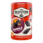 A bright bag displays the Van Slooten logo above a clear window revealing glossy black liquorice animals in assorted shapes. Playful animal silhouettes — bears, horses and elephants — nest against a red and yellow backdrop with bold typography and a subtle striped border. Soft sheen catches lightly.