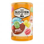 A tidy arrangement of Van Slooten travel bags sits in a shallow cardboard tray. Each glossy pouch displays the Van Slooten logo, vibrant colors and playful illustrations of sweets. The wrapped packets align in neat rows, forming a compact, cheerful grid of confectionery packaging. Soft light glints.