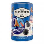 The photo shows a rectangular box of twelve foil-wrapped Space Travellers sweets. The box displays retro astronaut illustrations, bold typography and a starry backdrop. Individually wrapped rounds gleam in metallic silver and pastel hues against a clean white studio background. warm soft reflections.