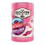 Photograph shows a rectangular box of Van Slooten Cruising Cadillacs vegan sweets. Bright retro artwork wraps the package with pastel teal and pink, chrome accents and a stylized classic Cadillac. Individually shaped car gummies peek through a clear window.