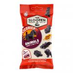 Photo shows a small glossy packet of Van Slooten confectionery. The front displays the brand logo, the words 'Sweet & Salty' and a clear window revealing dark licorice shaped like playful animals. Bright accent colors and illustrative animal silhouettes frame the packaging. Shiny accents catch view.