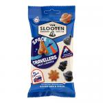 Bright blue and black pouch shows retro astronauts and rockets orbiting a silver moon-shaped pile of black licorice pieces. Bold Van Slooten logo and 'Space Travellers' lettering appear in white and red. Star speckles and gleaming highlights create a playful cosmic snack motif. Shiny foil accents. On pouch.