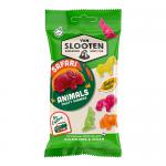 A brightly colored package sits against a white background, displaying a playful Van Slooten logo and illustrated safari animals. Translucent fruity gummies in lion, elephant, giraffe and monkey shapes spill beside the pouch, showing orange, red, green and yellow hues. A glossy, sugared sheen shows.