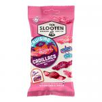 A colorful package sits upright, displaying translucent car-shaped gummies in red, orange, yellow and green. The Van Slooten logo and a retro Cadillac illustration appear on a bright, glossy label. The sugar-coated candies glint and show varied textures and vivid hues.