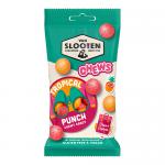 A bright, colorful pack shows the Van Slooten logo atop a glossy pouch of Tropical Punch chewy candies. Bold tropical fruit illustrations—pineapple, orange, and berries—surround translucent red and orange candies visible through a small window. Net weight text appears at bottom. Shiny sheen accents.
