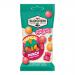 A bright, colorful pack shows the Van Slooten logo atop a glossy pouch of Tropical Punch chewy candies. Bold tropical fruit illustrations—pineapple, orange, and berries—surround translucent red and orange candies visible through a small window. Net weight text appears at bottom. Shiny sheen accents.