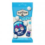 Mint-green display shows twelve 60 g packs of Van Slooten Frosty Mint Chewy Candy. Each pack bears a bold Van Slooten logo, frosty silver highlights, illustrated mint leaves and glossy pale-green chews. Back panels show ingredients, nutrition icons and a barcode area.