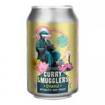 A bright, glossy pack of Curry Smugglers Chakli sits against a neutral background. The clear window reveals golden-brown, spiral-shaped chaklis stacked tightly. Bold curry-yellow and deep-green graphics frame the logo, while small icons line the lower edge. A small nutrition panel shows finer print.