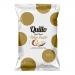 An upright white and gold Quillo bag of white truffle potato chips sits next to scattered ridged crisps. Close-up reveals golden edges, airy texture, tiny darker truffle specks and a faint oil sheen on the crunchy surfaces, set on a pale neutral background. Soft studio lighting accentuates textures.
