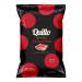 A vibrant red bag of Quillo crisps sits centered, the brand name in bold white letters across the top. A glossy image of golden, ruffled potato chips fans beside a rustic slice of Iberian ham and a rosemary sprig. Small product details and weight line the bottom edge.