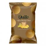 Bright green and white bag shows 'Quillo' logo at top with bold lettering and a Manchego cheese illustration beside a scattering of golden, ridged potato crisps. Nutritional label and weight appear in small print; crisp textures and seasoning specks are visible on the chips With a soft glossy sheen