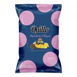 A bundle of eight 130g Quillo crisps packets sits in a compact arrangement. Each glossy black-and-purple bag features the Quillo logo, an illustrated black garlic bulb, vinegar droplets and photos of golden potato chips. Shadows and reflections add depth. Lighting shows textured crisps and seasoning.